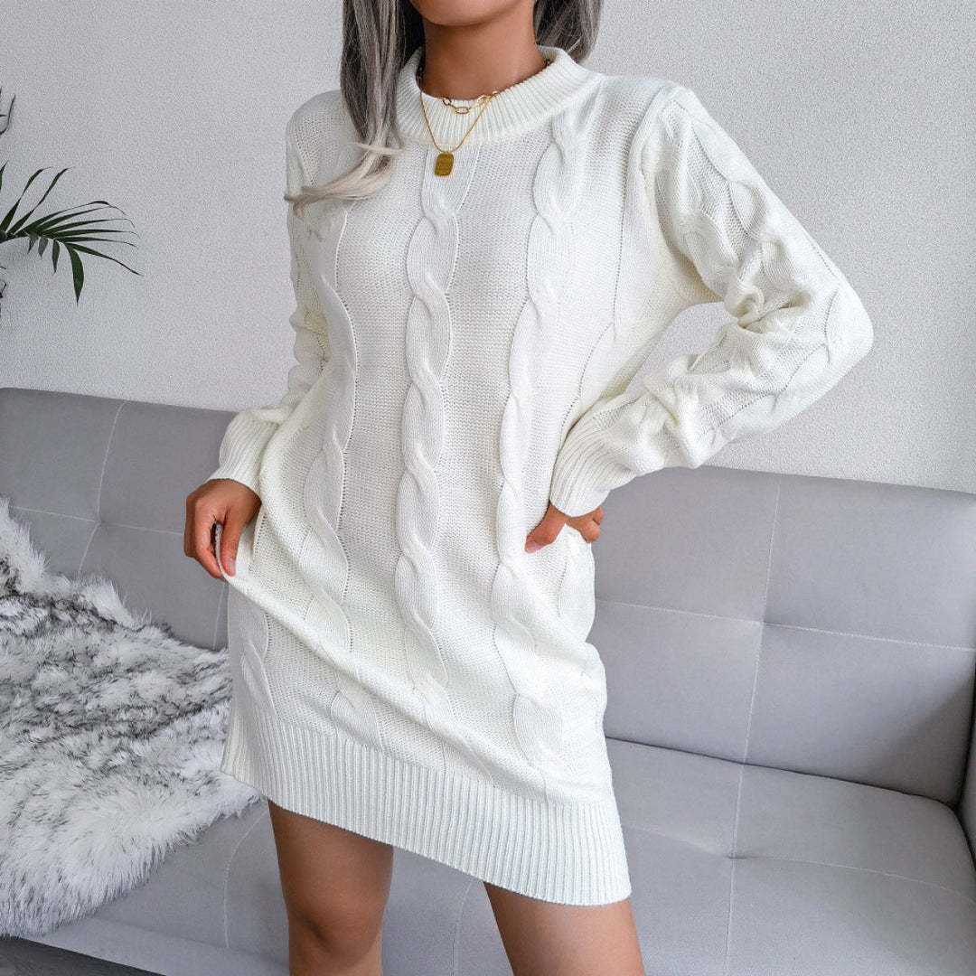 Round Neck Pullover Cable Knitted Mini Dress
