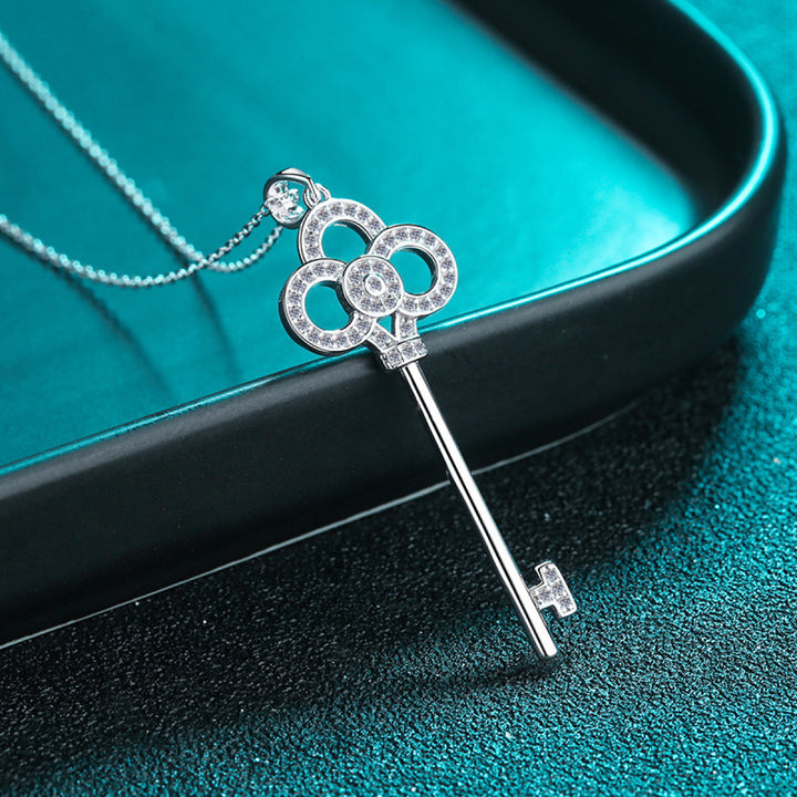 925 Sterling Silver Moissanite Key Pendant Necklace